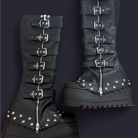 Demonia Boots, Black Studded Buckle Boots. - Picture 9 of 9